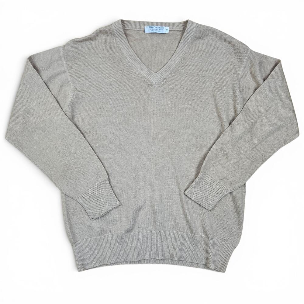 100% CASHMERE V Neck Sweater Women's M Beige Handmade Nepal Luxury Knit Pullover